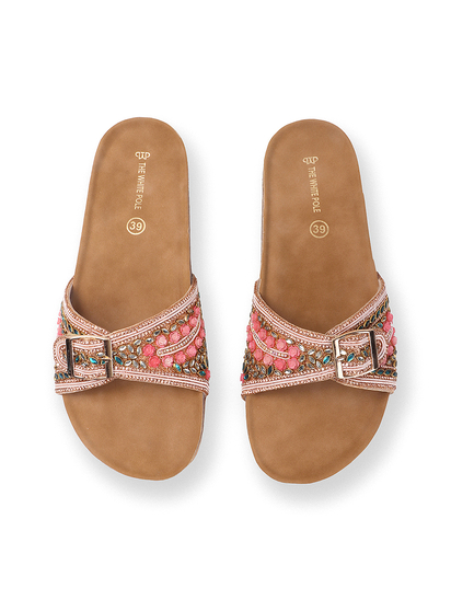 Open-Toe Ethnic Flats with Bead & Stone Detailing in Pink