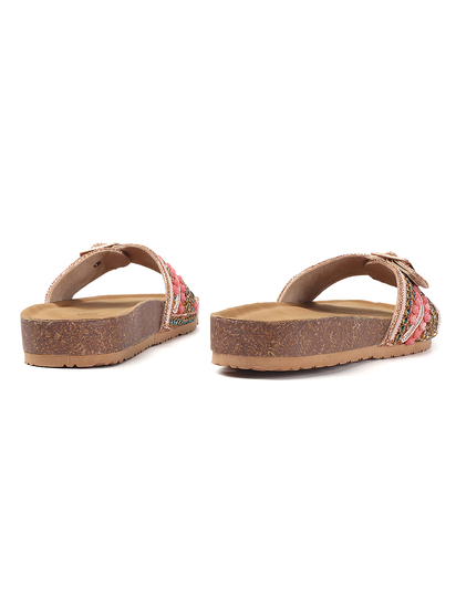 Open-Toe Ethnic Flats with Bead & Stone Detailing in Pink