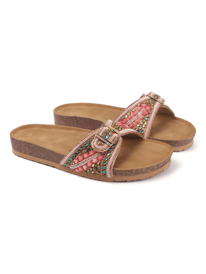 Open-Toe Ethnic Flats with Bead & Stone Detailing in Pink