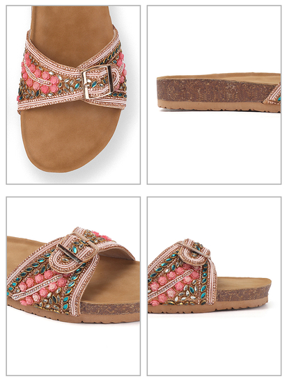 Open-Toe Ethnic Flats with Bead & Stone Detailing in Pink