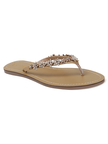 TWP Origin in Gold Crystal Embellished V-Strap Beige