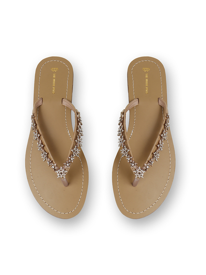 TWP Origin in Gold Crystal Embellished V-Strap Beige