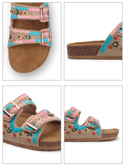 TWP Origin in Boho Bloom Embroidered Comfort Slides in Beige