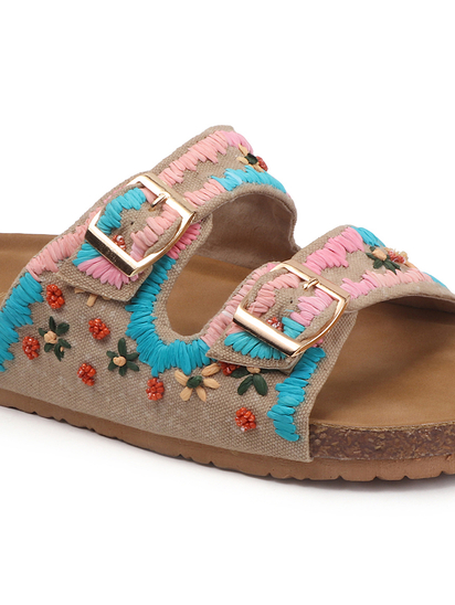 TWP Origin in Boho Bloom Embroidered Comfort Slides in Beige