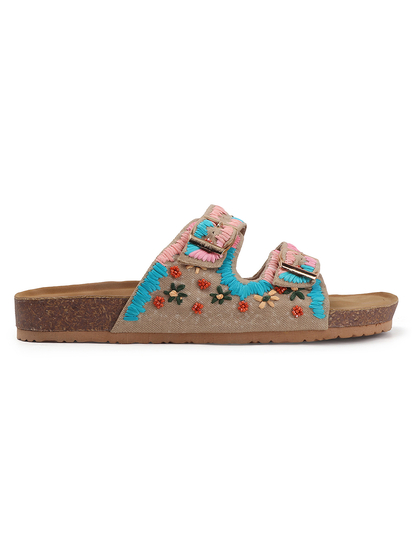 TWP Origin in Boho Bloom Embroidered Comfort Slides in Beige