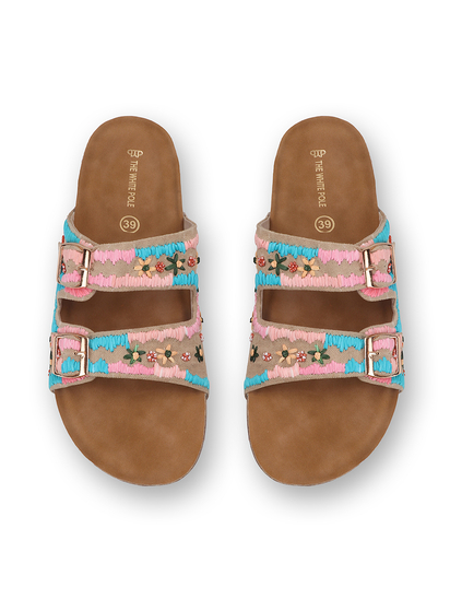 TWP Origin in Boho Bloom Embroidered Comfort Slides in Beige