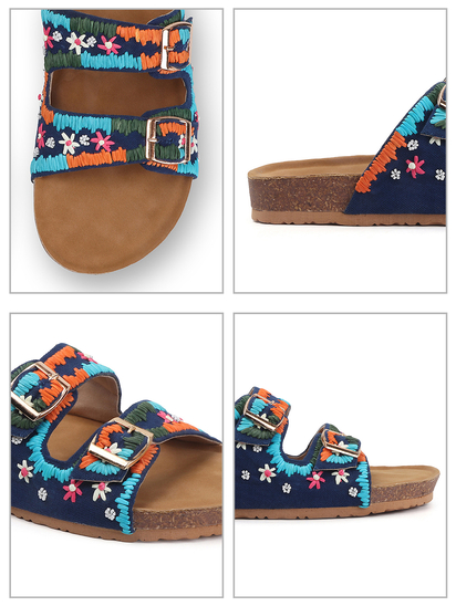 TWP Origin in Boho Bloom Embroidered Comfort Slides in Blue