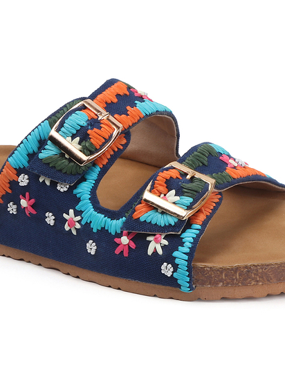 TWP Origin in Boho Bloom Embroidered Comfort Slides in Blue