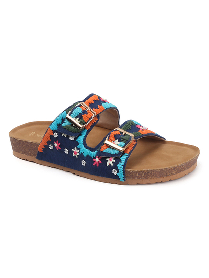 TWP Origin in Boho Bloom Embroidered Comfort Slides in Blue