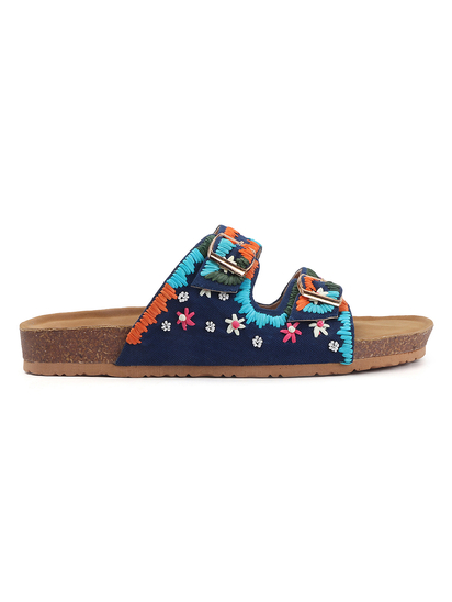 TWP Origin in Boho Bloom Embroidered Comfort Slides in Blue