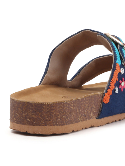 TWP Origin in Boho Bloom Embroidered Comfort Slides in Blue