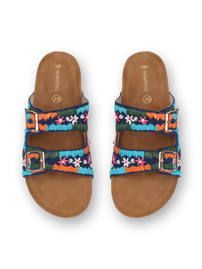 TWP Origin in Boho Bloom Embroidered Comfort Slides in Blue