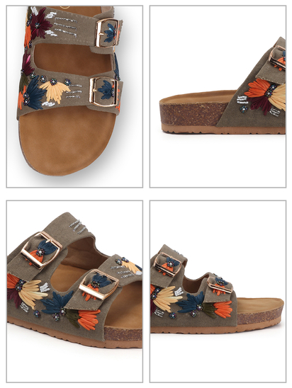 TWP Origin in Brown Embroidered Double Strap Comfort Slides