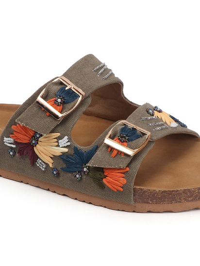 TWP Origin in Brown Embroidered Double Strap Comfort Slides