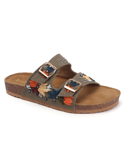 TWP Origin in Brown Embroidered Double Strap Comfort Slides