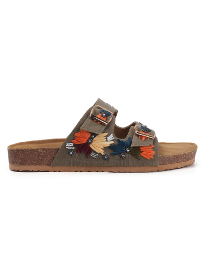 TWP Origin in Brown Embroidered Double Strap Comfort Slides