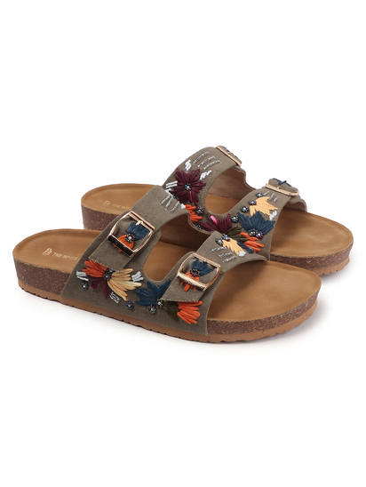 TWP Origin in Brown Embroidered Double Strap Comfort Slides