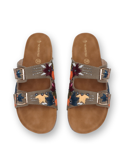 TWP Origin in Brown Embroidered Double Strap Comfort Slides