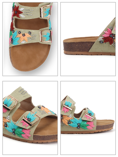 TWP Origin in Green Embroidered Double Strap Comfort Slides