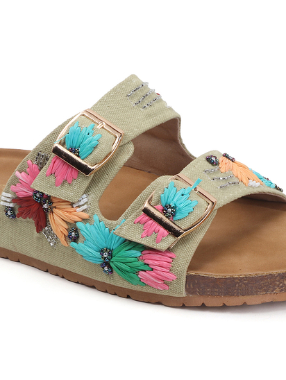 TWP Origin in Green Embroidered Double Strap Comfort Slides