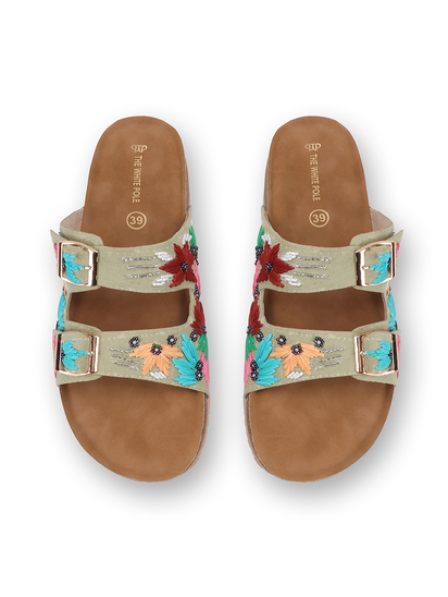 TWP Origin in Green Embroidered Double Strap Comfort Slides