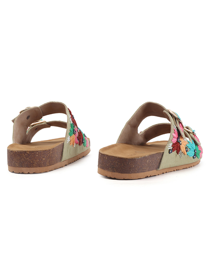 TWP Origin in Green Embroidered Double Strap Comfort Slides