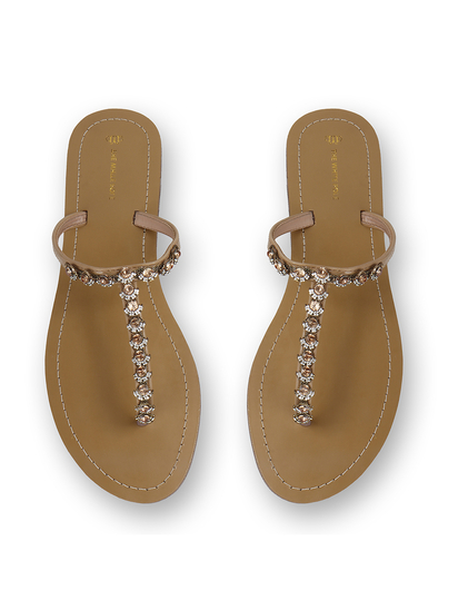 TWP Origin in Beige Crystal Embellished T-Strap Flats