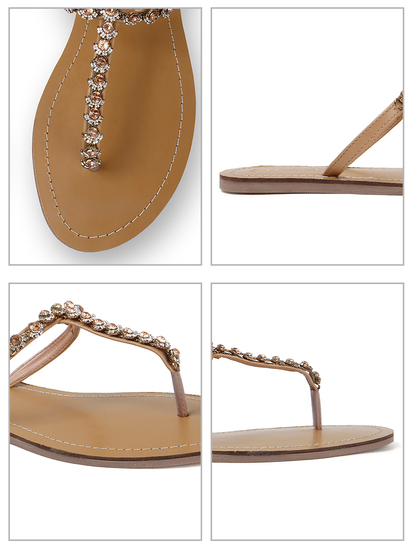TWP Origin in Beige Crystal Embellished T-Strap Flats