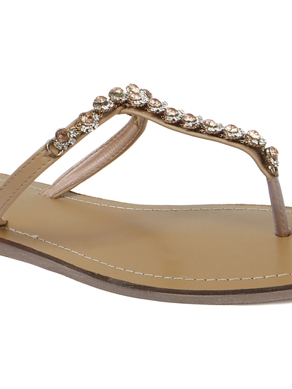 TWP Origin in Beige Crystal Embellished T-Strap Flats