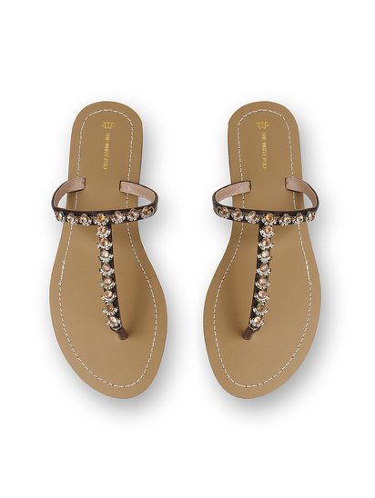 TWP Origin in Brown Crystal Embellished T-Strap Flats