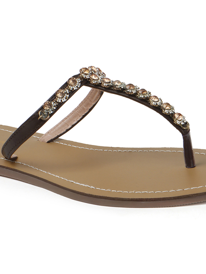 TWP Origin in Brown Crystal Embellished T-Strap Flats