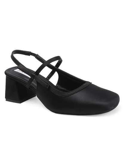 TWP Origin Black Satin Block Heel Slingback Pumps