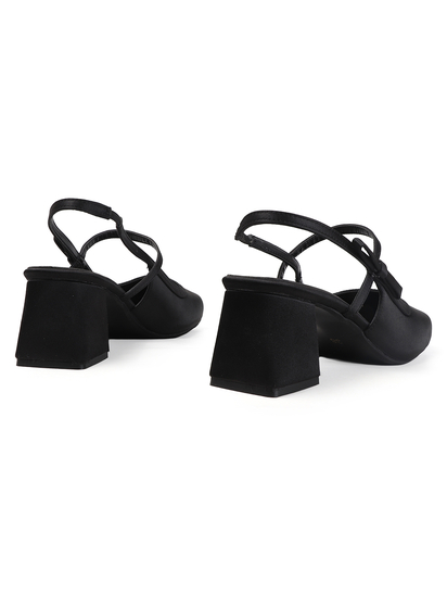 TWP Origin Black Satin Block Heel Slingback Pumps