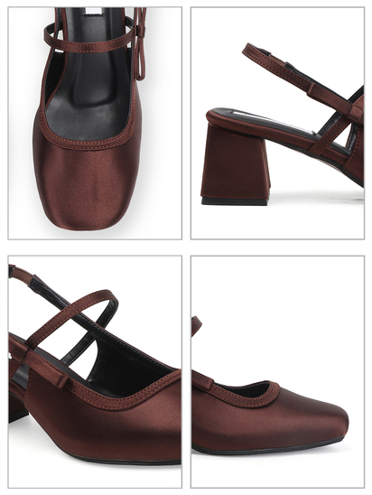 TWP Origin Brown Satin Block Heel Slingback Pumps