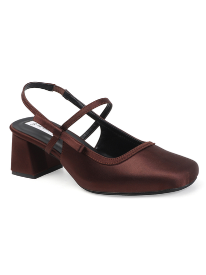 TWP Origin Brown Satin Block Heel Slingback Pumps