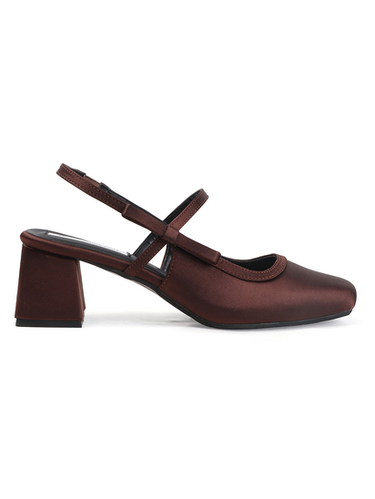 TWP Origin Brown Satin Block Heel Slingback Pumps