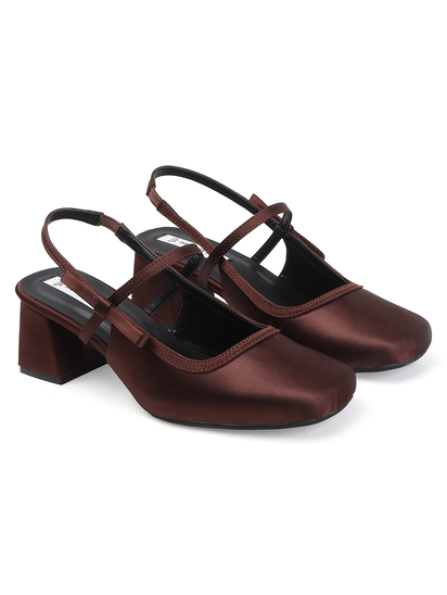 TWP Origin Brown Satin Block Heel Slingback Pumps
