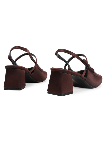 TWP Origin Brown Satin Block Heel Slingback Pumps