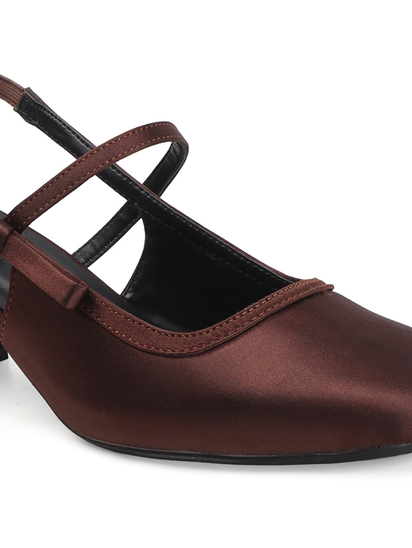 TWP Origin Brown Satin Block Heel Slingback Pumps