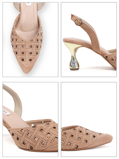 TWP Origin Beige Embellished Pointed Toe Slingback Heels