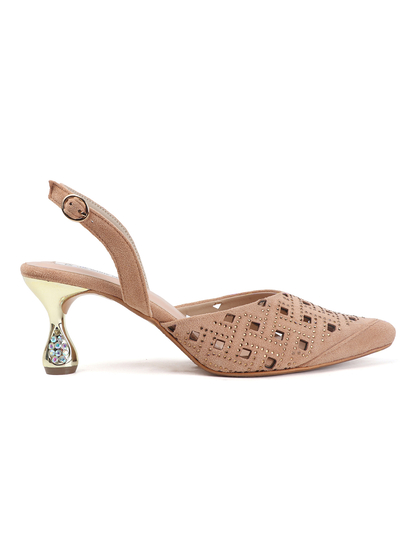TWP Origin Beige Embellished Pointed Toe Slingback Heels