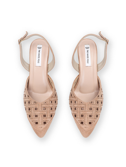 TWP Origin Beige Embellished Pointed Toe Slingback Heels