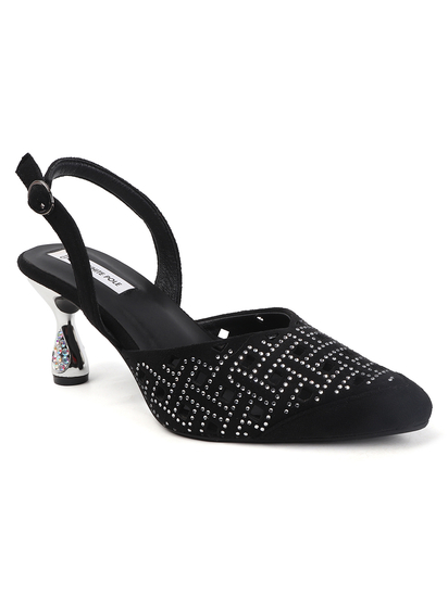 TWP Origin Black Embellished Pointed Toe Slingback Heels