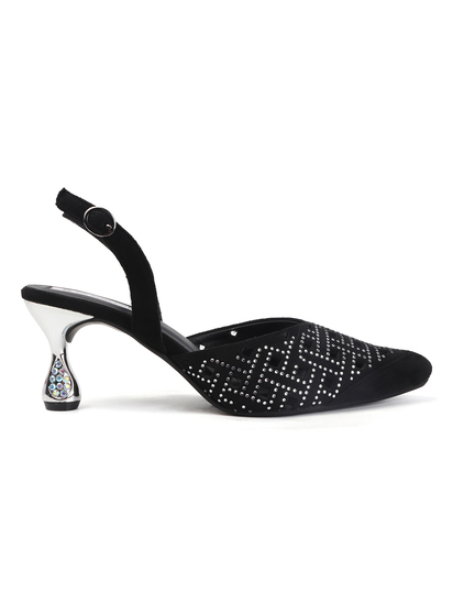 TWP Origin Black Embellished Pointed Toe Slingback Heels
