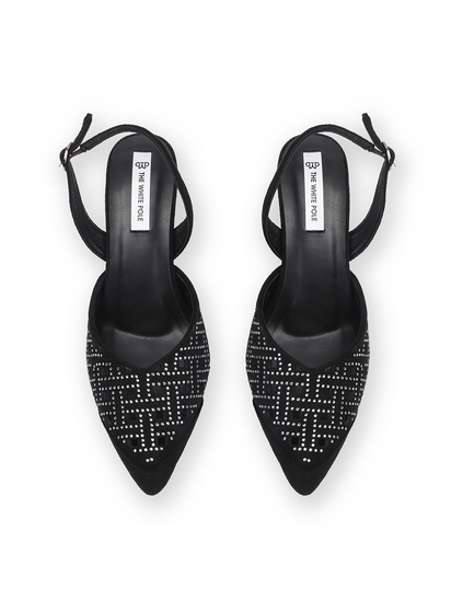 TWP Origin Black Embellished Pointed Toe Slingback Heels