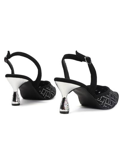 TWP Origin Black Embellished Pointed Toe Slingback Heels