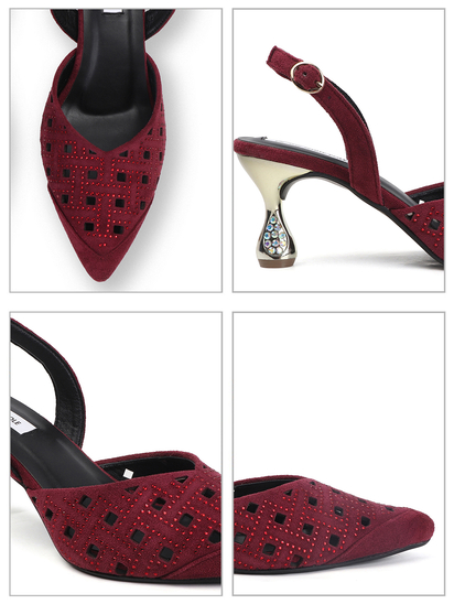 TWP Origin Maroon Embellished Pointed Toe Slingback Heels