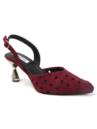 TWP Origin Maroon Embellished Pointed Toe Slingback Heels