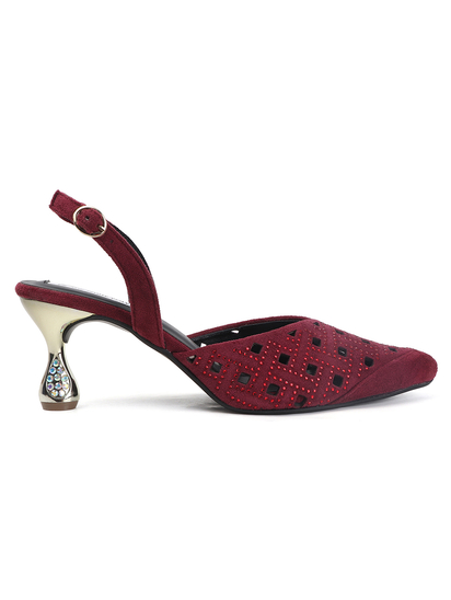 TWP Origin Maroon Embellished Pointed Toe Slingback Heels