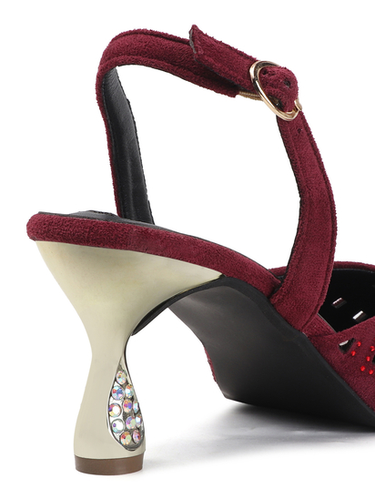TWP Origin Maroon Embellished Pointed Toe Slingback Heels